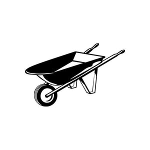 Wheelbarrow tool vinyl decal sticker, black cart with white panel and wheel