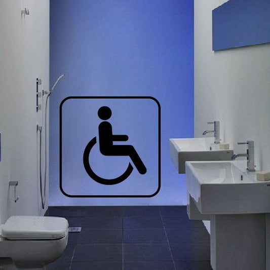 Wheelchair accessibility sign decal: black wheelchair icon on blue square with border