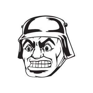 Soldier face decal with helmet, wide eyes, grinning mouth illustration