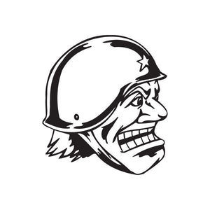 Helmeted soldier decal: black-and-white graphic face in raised helmet