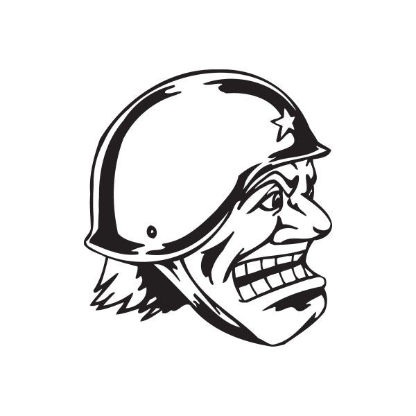 Helmeted soldier decal: black-and-white graphic face in raised helmet
