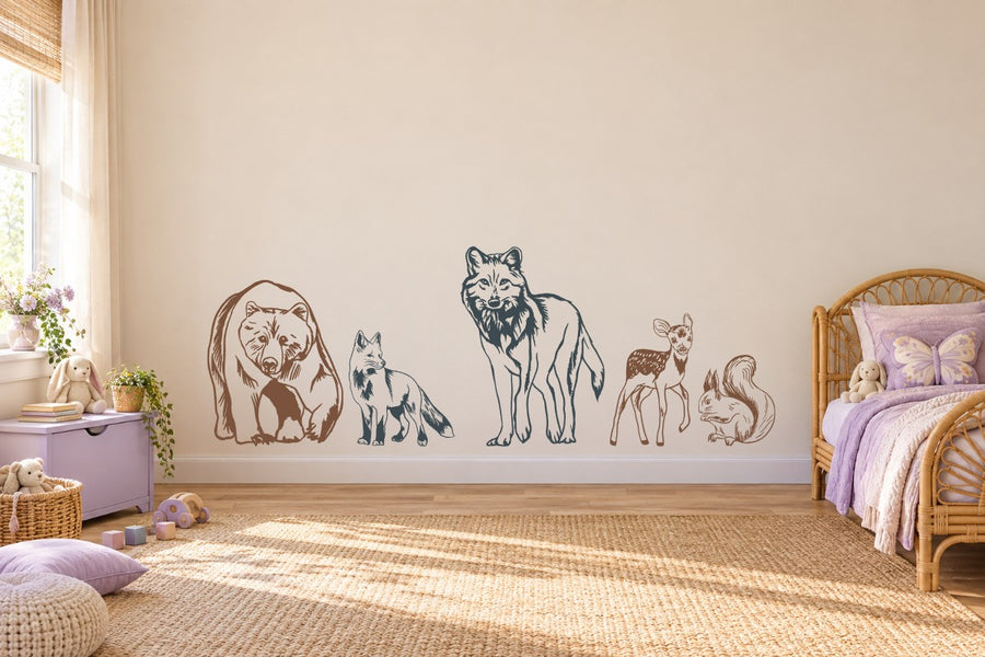 Assorted dog and animal silhouette wall decal kit with mixed pet figures on wall