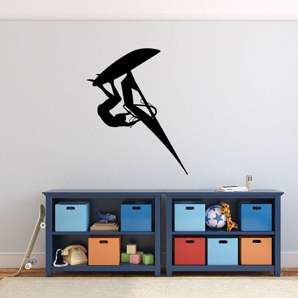Black windsurfer flip decal sticker, dynamic sailboard rider silhouette