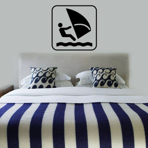 Square windsurfing sign decal with black sailboat and waves icon