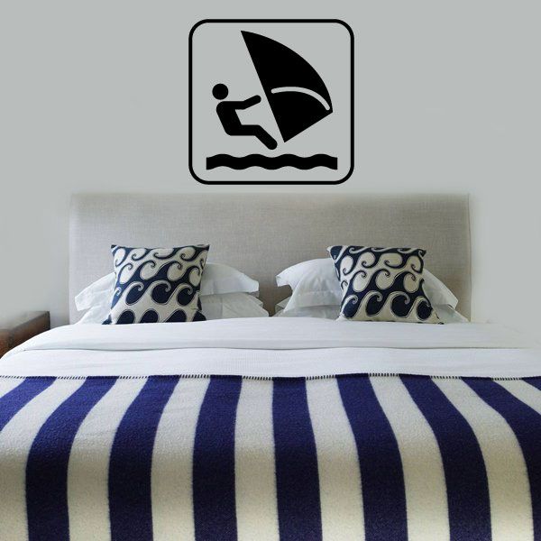 Square windsurfing sign decal with black sailboat and waves icon