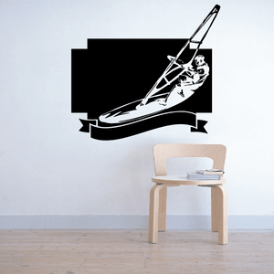 Black windsurfing trophy decal with windsurfer and ribbon banner graphic
