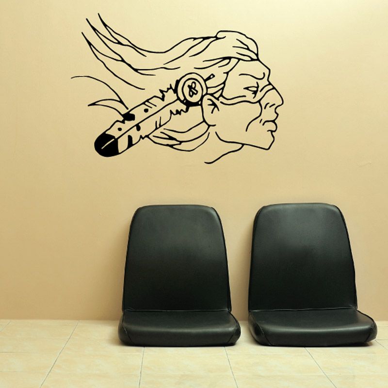 Native American head decal with feather headdress, black outline wall sticker