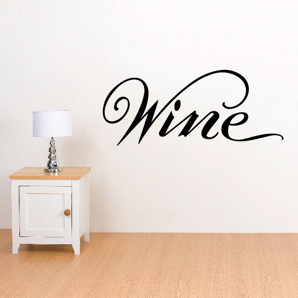 Wine wall decal vinyl lettering in black cursive script