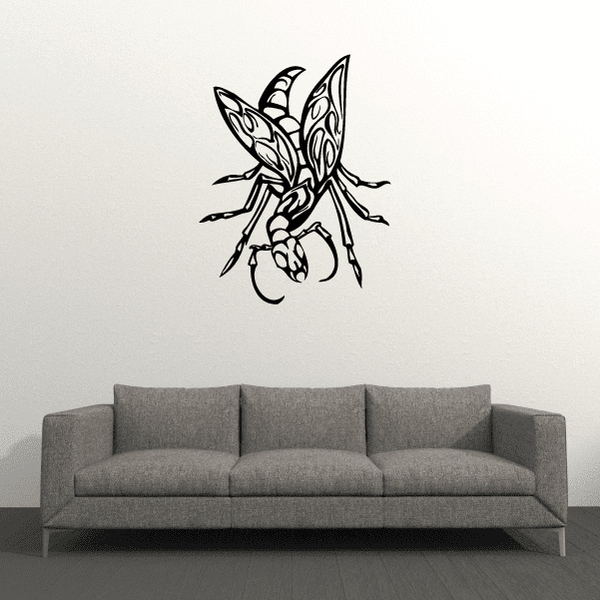 Winged praying mantis wall decal in black outline, intricate wings and legs