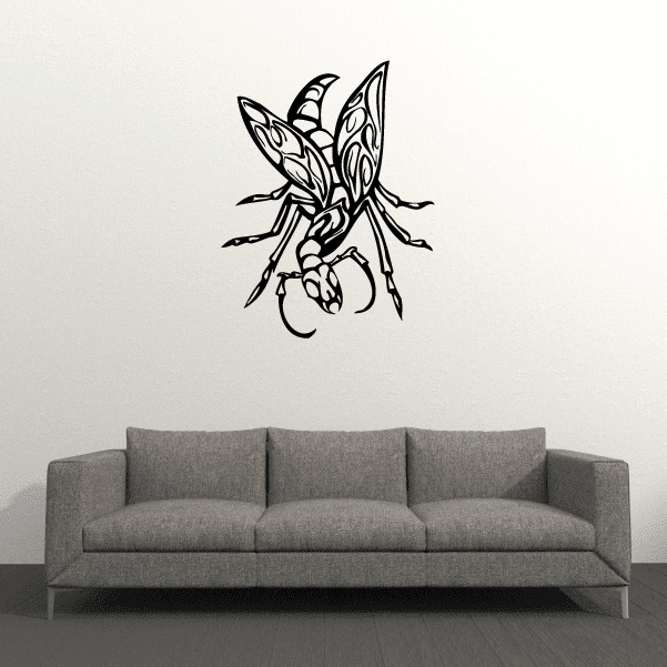 Winged praying mantis wall decal in black outline, intricate wings and legs
