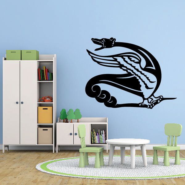 Black winged serpent wall decal with curled tail and detailed wings