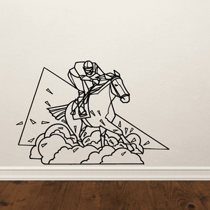 Racing horse and jockey decal with outlined horse, cards, and confetti lines