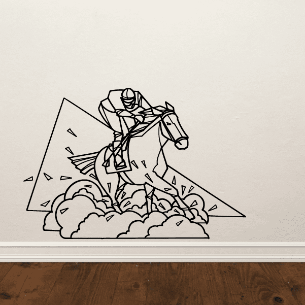 Racing horse and jockey decal with outlined horse, cards, and confetti lines