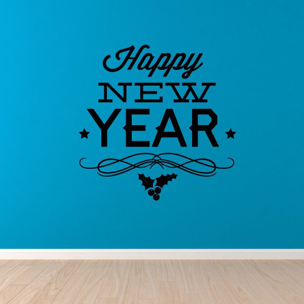 Happy New Year winter decal with black lettering, stars, and holly leaves
