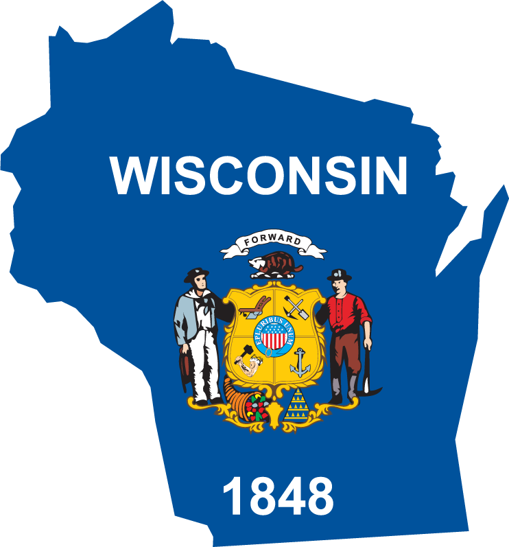 Wisconsin state flag shape sticker with WISCONSIN, state seal, and 1848 text