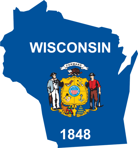 Wisconsin state flag shape sticker with WISCONSIN, state seal, and 1848 text