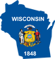 Wisconsin state flag shape sticker with WISCONSIN, state seal, and 1848 text
