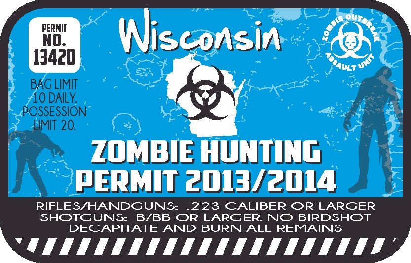 Wisconsin Zombie Hunting Permit Sticker, isolated printed sticker artwork