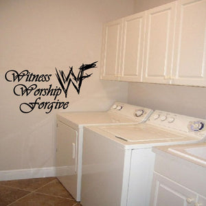 Black wall decal with 'Witness Worship Forgive' calligraphy text