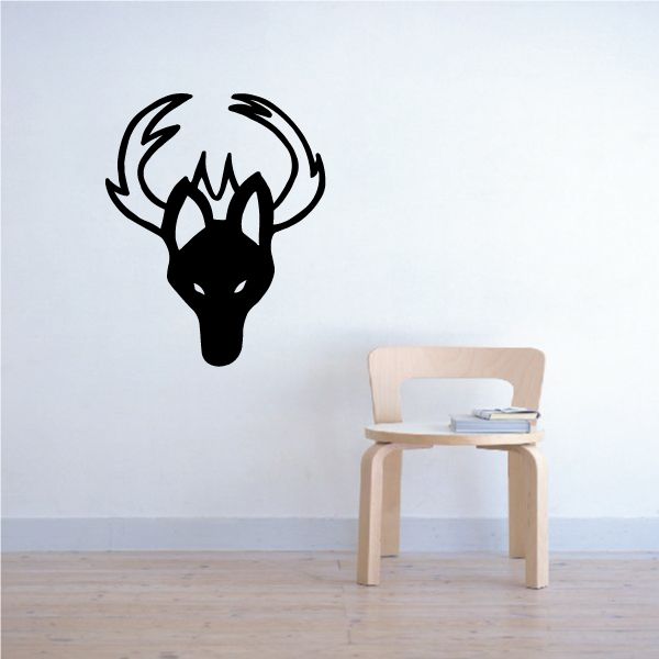 Wolf head wall decal with black horns and white outline, southwestern style