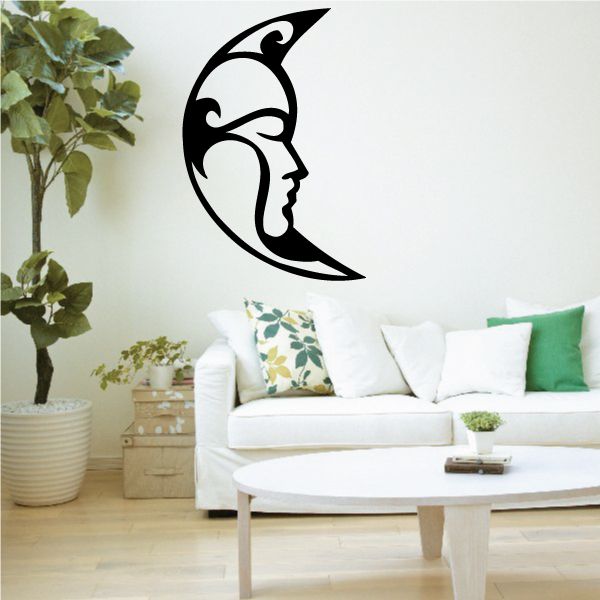 Crescent moon face wall decal with black silhouette profile