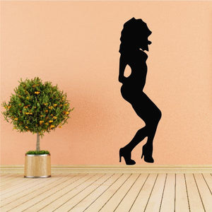 Black silhouette decal of a woman dancing in high heels, side view