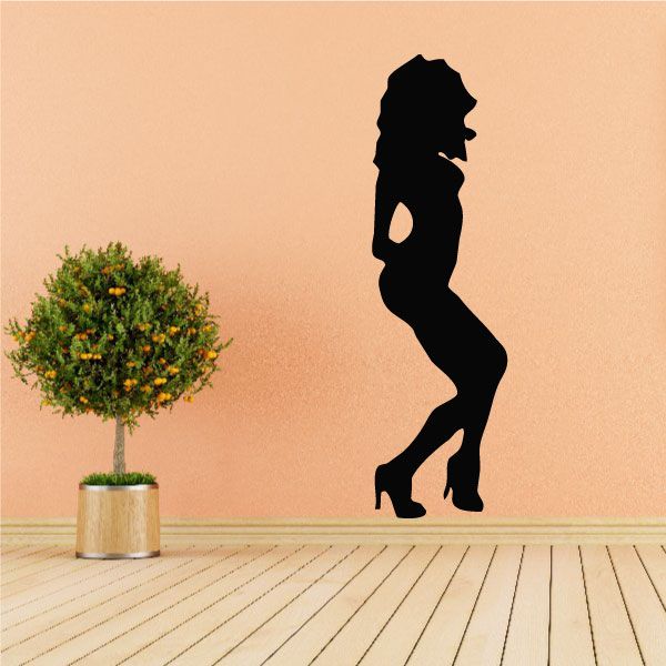 Black silhouette decal of a woman dancing in high heels, side view