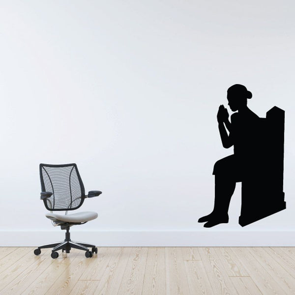 Praying woman in church pew wall decal, black silhouette