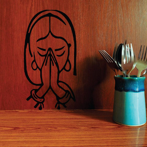 Praying woman wall decal, black line art with hands over face