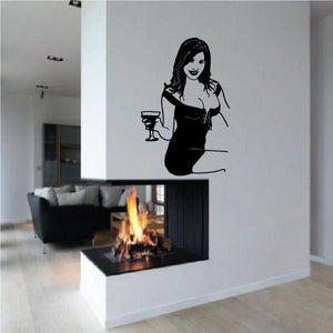 Black wall decal of smiling woman holding a drink, stylized silhouette.