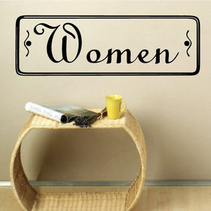 Women restroom wall decal, black script lettering with border