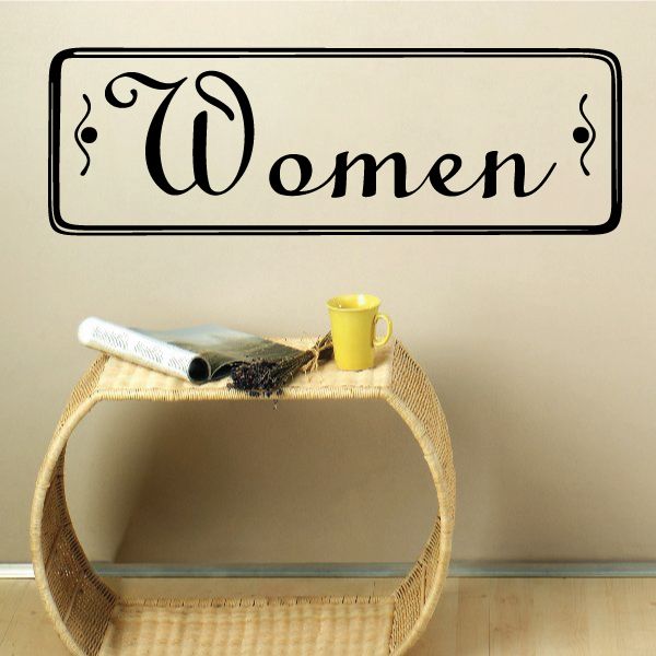 Women restroom wall decal, black script lettering with border