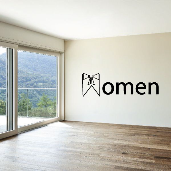 Women restroom wall decal with black icon and text 'Women'.