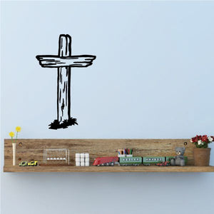 Wooden cross wall decal with outlined vertical cross design, distressed white and black