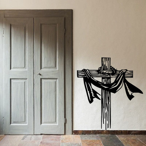 Wooden cross decal with crown, black graphic with dripping accents