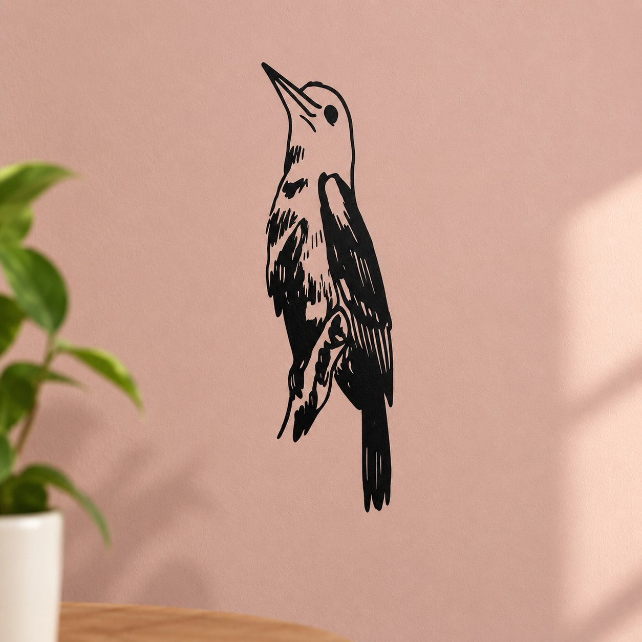 Woodpecker looking up decal, black vinyl bird silhouette.
