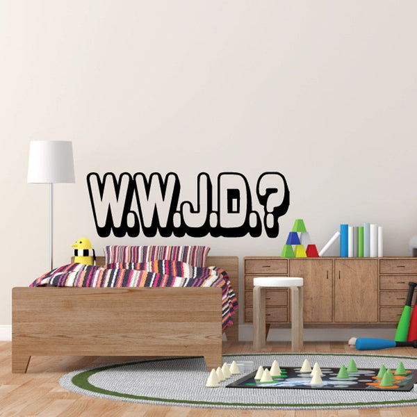 Religious wall decal with bold WWJD lettering and question mark design