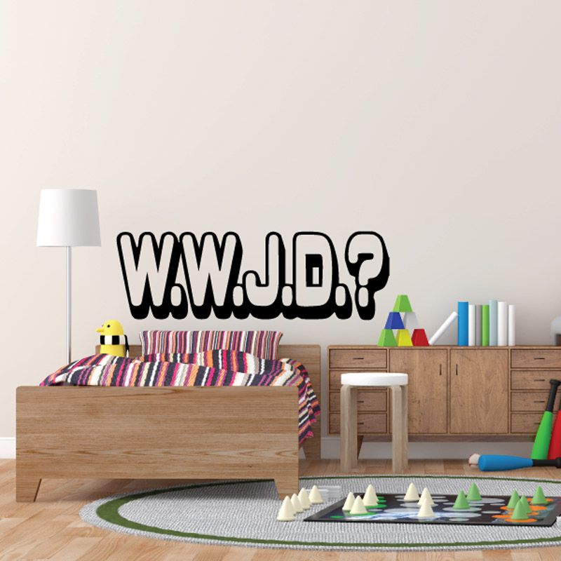 Religious wall decal with bold WWJD lettering and question mark design