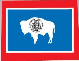 Wyoming state flag sticker with white Wyoming outline and buffalo silhouette on blue