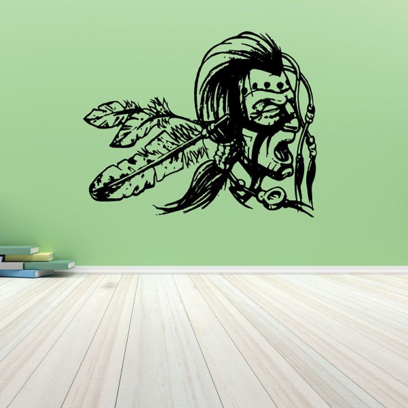 Native American warrior head decal with feather headdress, black line art