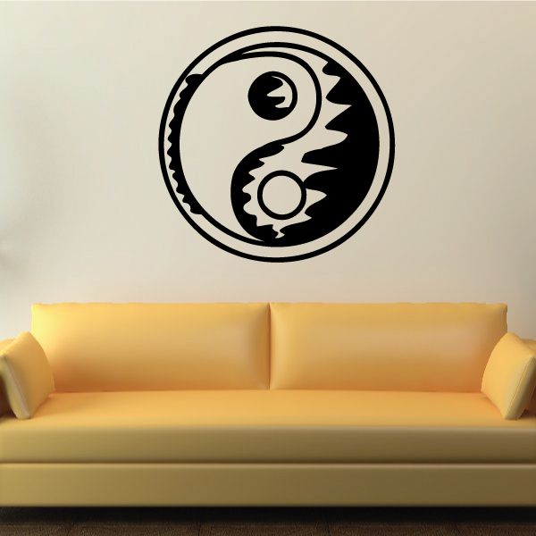 Yin yang symbol decal with black circular border and swirl icons