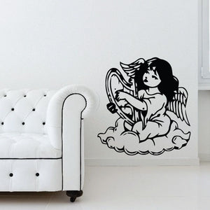 Angel girl playing harp wall decal, black and white line art
