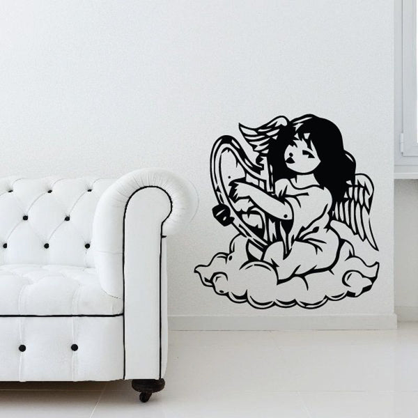 Angel girl playing harp wall decal, black and white line art