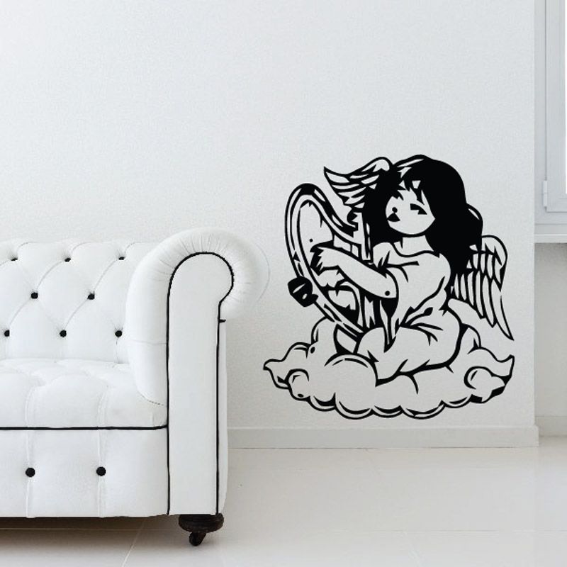Angel girl playing harp wall decal, black and white line art