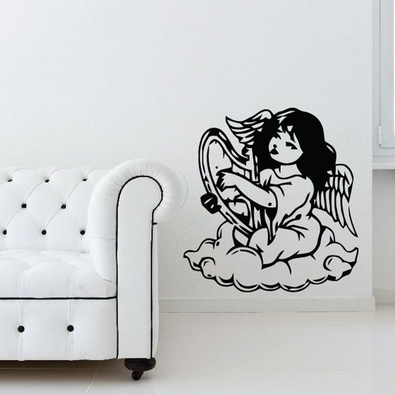 Image of Young Angel Girl Playing Harp Decal