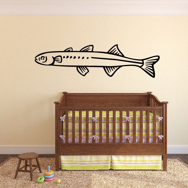 Fish fry wall decal with long-bodied fish outline and fins, black design