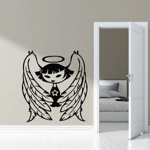 Angel girl wall decal with wings and halo in black outline