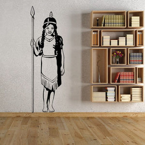 Young Native American girl wall decal, standing in profile holding a long staff