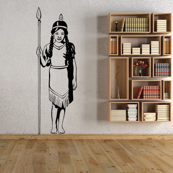 Young Native American girl wall decal, standing in profile holding a long staff