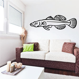 Walleye swimming wall decal, black line-art fish with flowing fins and tail.